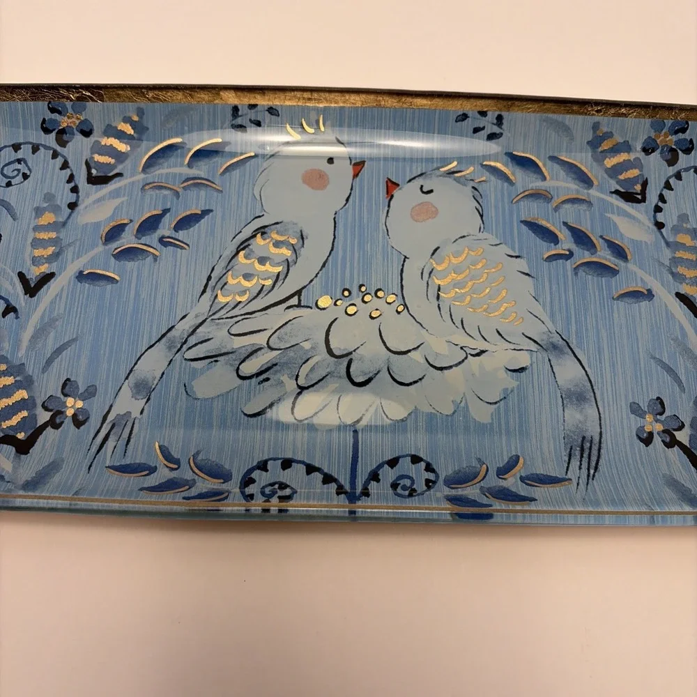 Pier 1 Vintage Blue‎ Gold Foil Art Glass Birds Oblong Serving Tray Dish Whimsy